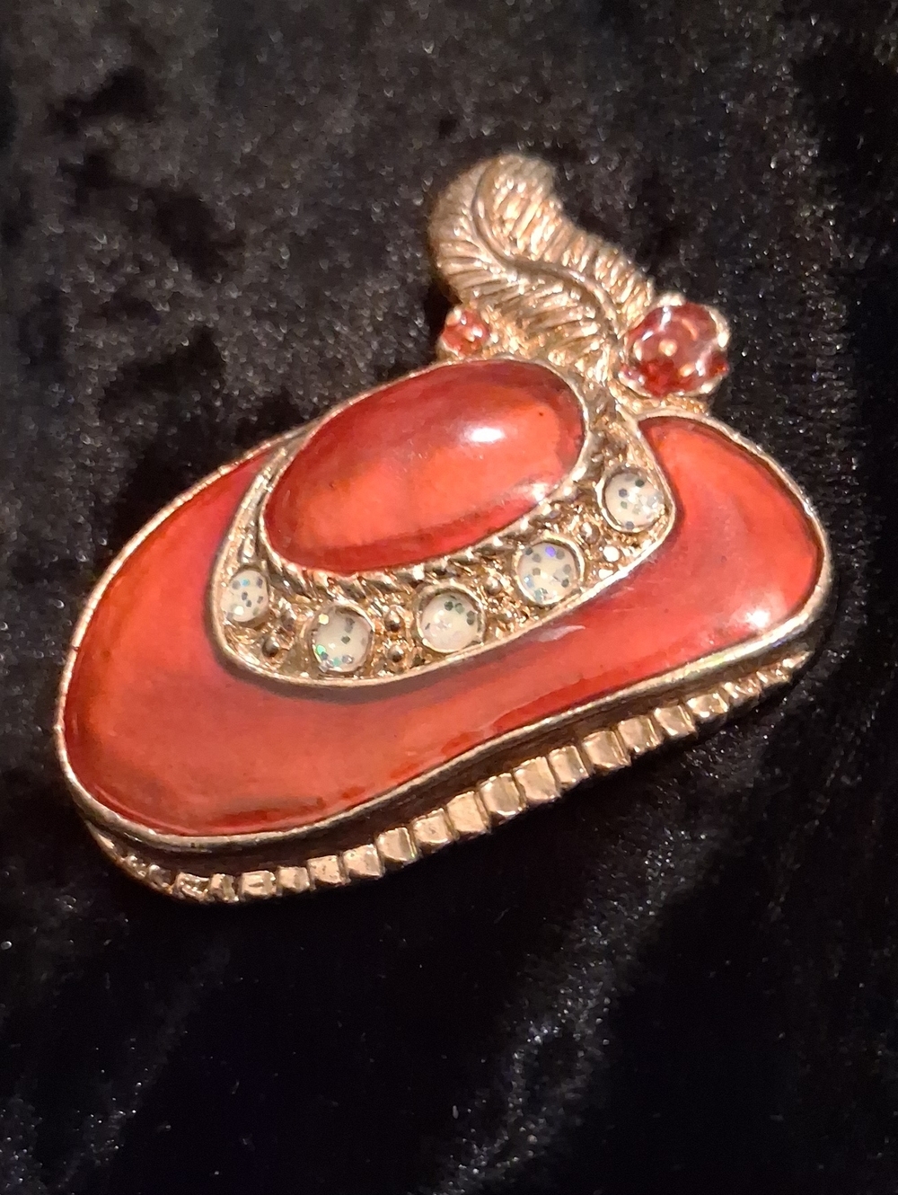 Gold-Tone Red Enamel Hat Brooch with Crystal Accents